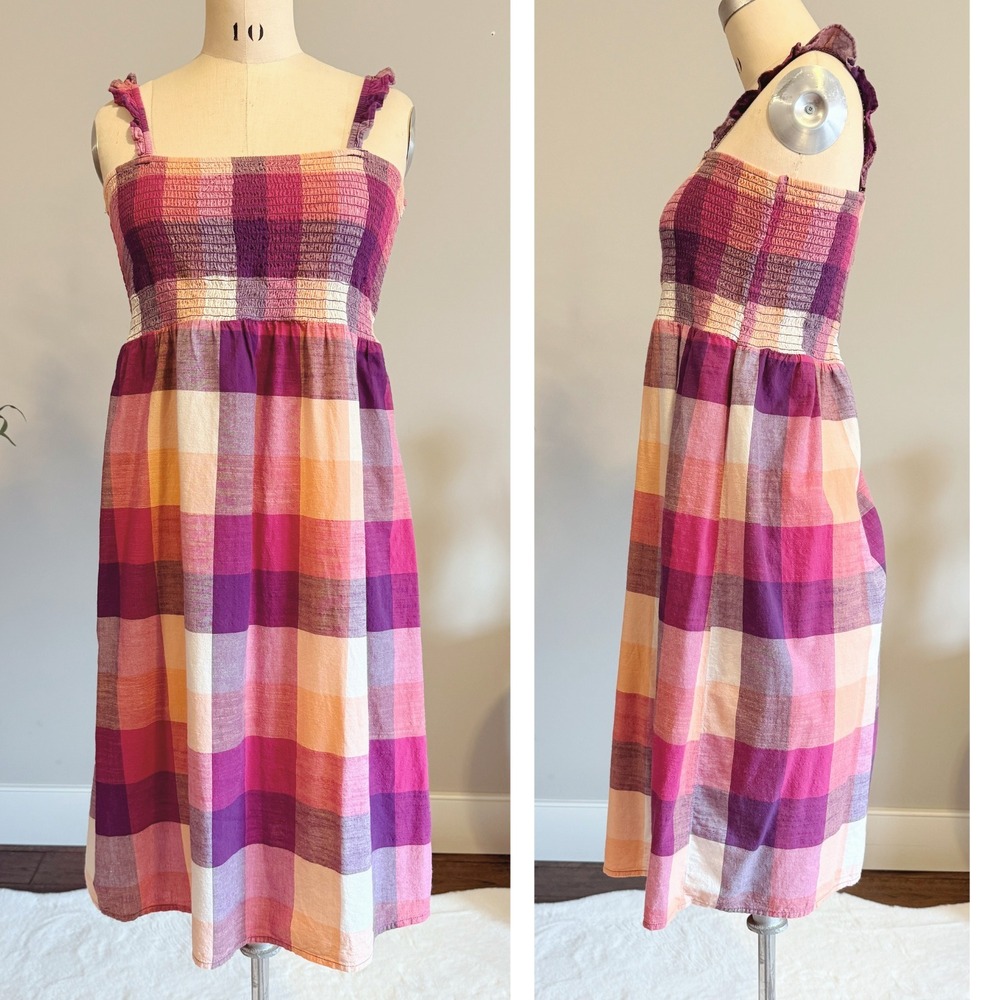 Plaid Smocked Sundress Cotton Pink Purple Midi Cottagecore Summer Dress 12